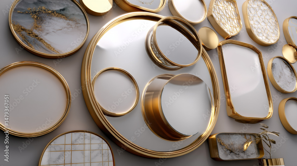 Poster 3d realistic vector icon set. beauty make up round mirrors with golden frames in different shapes.