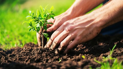 Fototapeta premium Green Seedling Planting in Rich Brown Soil with Hands for Gardening, Sustainability and Environmental Campaigns