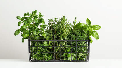 Naklejka premium Wire basket filled with fresh herbs like basil, parsley, and rosemary, showcasing vibrant green colors and natural aesthetic