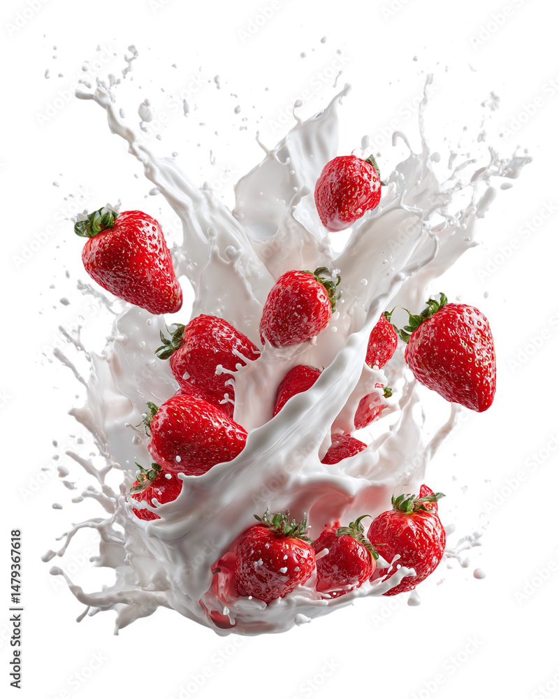 Poster fresh strawberries splashing into creamy milk, creating dynamic motion in a bright environment