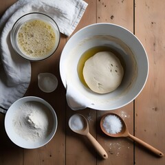 Ingredients for Homemade Sourdough Bread &mdash; Flour, Water, Starter and Dough in Bowl, Top View on Rustic Kitchen Table