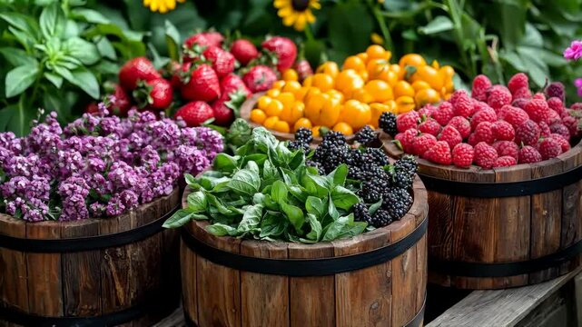 Organic fruits and vegetable garden in a wooden box. Fresh garden herbs.

