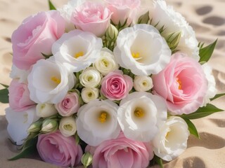 bridal bouquet on the sand at the beach