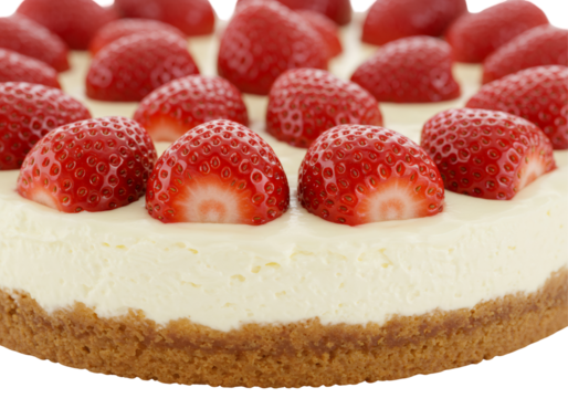 透明な背景に赤いイチゴをトッピングしたクローズアップチーズケーキの視覚的なディテール