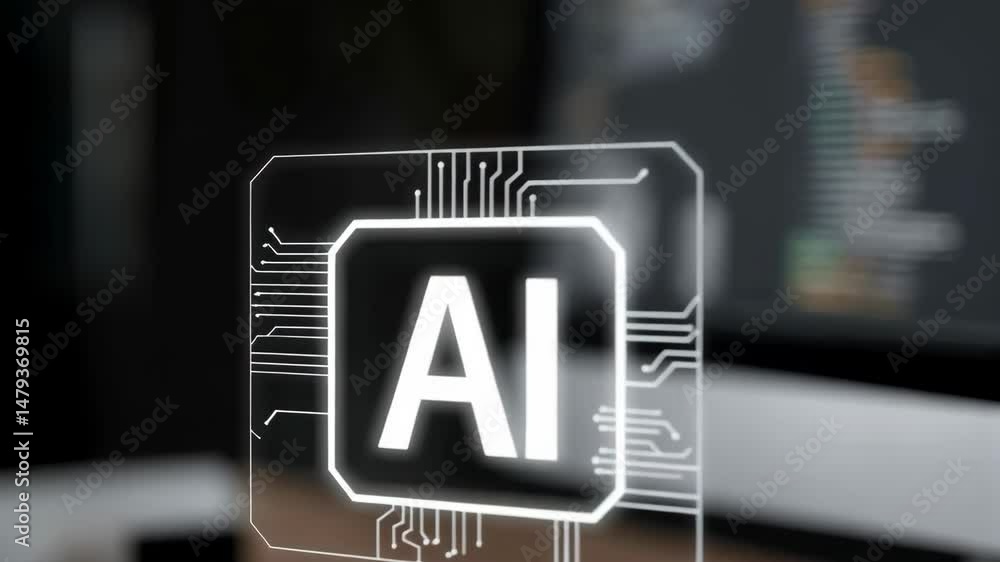 Aufkleber finger presses holographic ai icon, circuit board pattern, data code on blurred screen, technology c