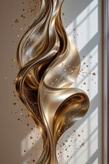 An elegant golden abstract design gracefully ascends, adorned with shimme particles, creating a luxurious and captivating visual effect against a soft background.