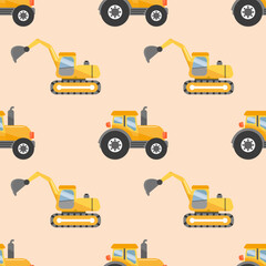 Seamless pattern of yellow cartoon construction vehicles including tractors and excavators on a light background.
