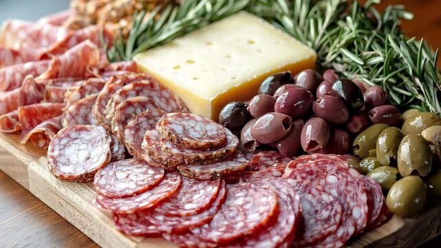 Elegant charcuterie board with a variety of cured meats, cheeses, olives, and crackers.
