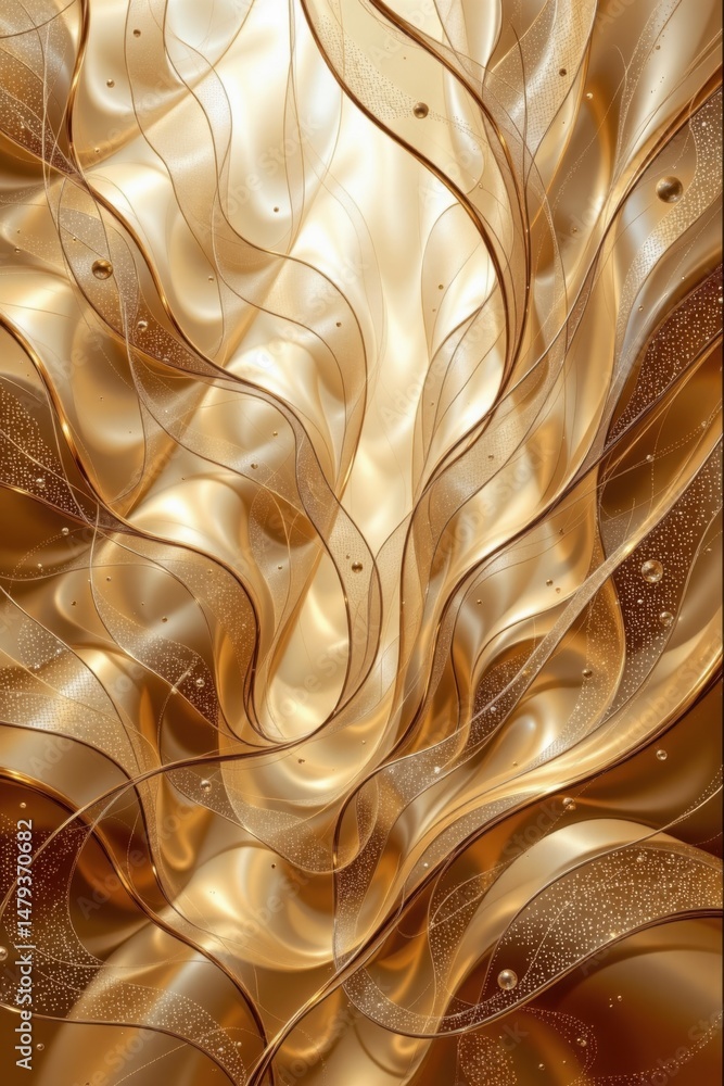 Poster an opulent golden abstract background showcases a flowing, wavy pattern with glistening highlights, 