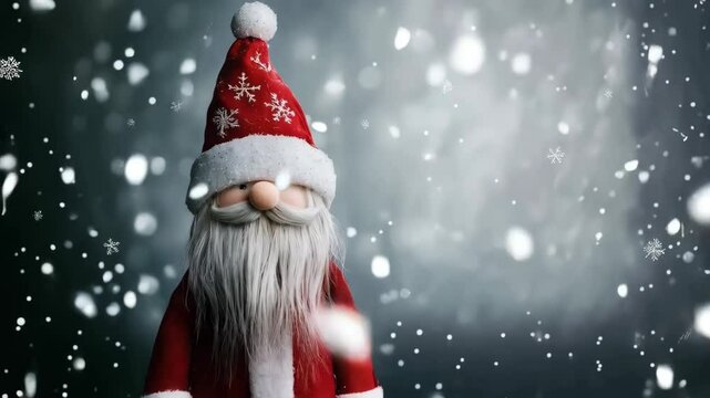 Festive Christmas elf portrait in winter scenery with snowfall, wearing a red Santa hat with snowflakes and white trim with long white beard