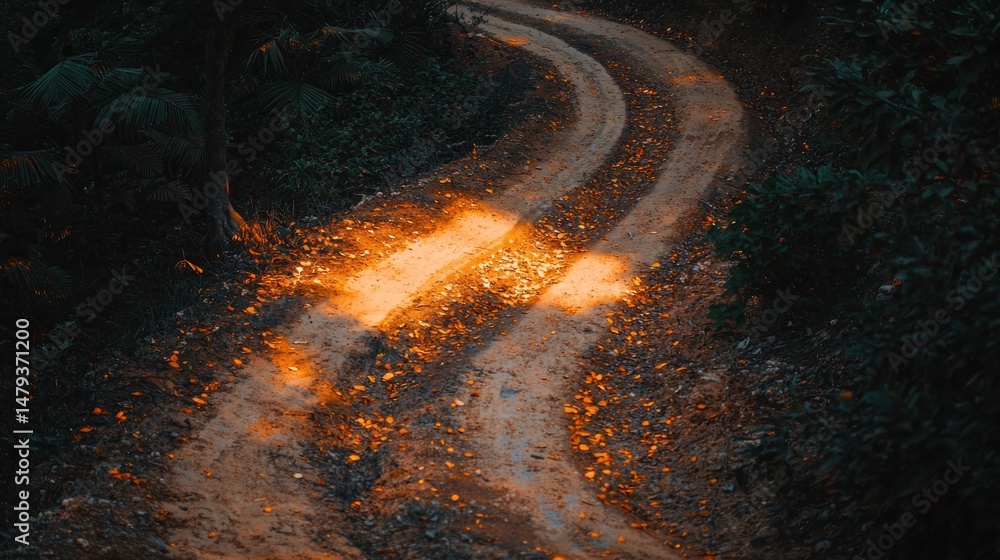 Poster winding dirt path illuminated by warm light.