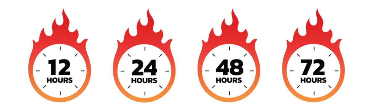 Set of countdown clock icons with fire design showing 12, 24, 48, and 72 hours. Perfect for urgent promotions, limited-time offers, express delivery, or sales marketing. Editable vector illustration.