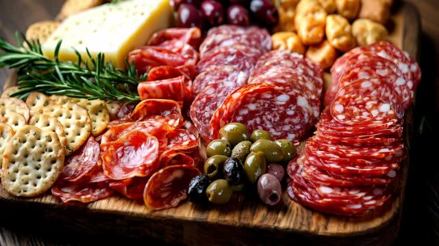 Elegant charcuterie board with a variety of cured meats, cheeses, olives, and crackers.
