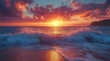 Dramatic sunset over ocean waves crashing on a beach