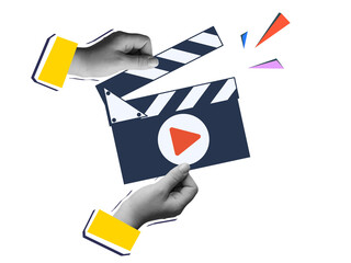 Hand with clapperboard with play button. Modern collage style. Illustration on transparent background