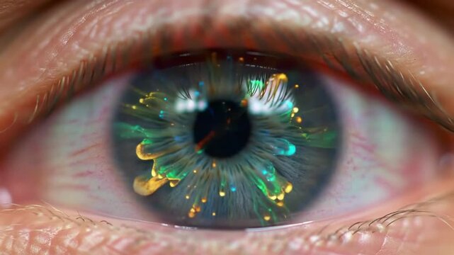 Macro shot of human eye with colorful abstract patterns swirling around the iris creating a mesmerizing visual effect