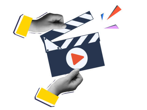 Hand with clapperboard with play button. Modern collage style. Illustration on transparent background