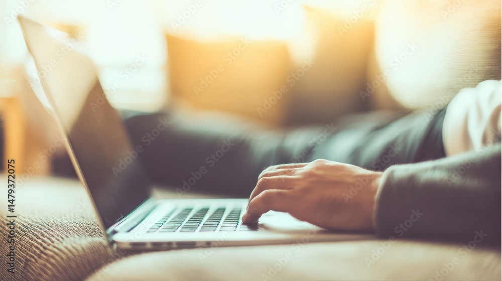 Poster relaxed individual using laptop on a couch.