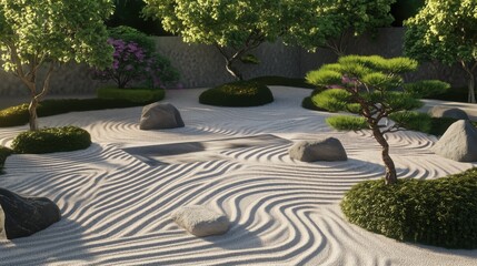 Fototapeta premium Zen Garden Sand Patterns with Stones and Bonsai for Tranquil Decor