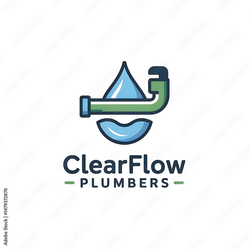 Poster modern logo design for plumbing services featuring water drop and pipe elements representing clear f