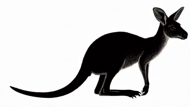  Monochromatic illustration of a kangaroo with fine line details posing in a side view, set against a bright white background.