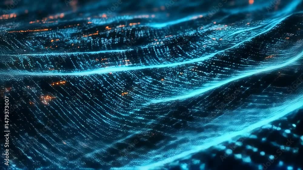 Poster dynamic digital landscape with blue grid and orange light particles flowing across a textured surfac
