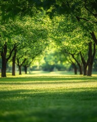 Serene park landscape with lush green grass and trees in perspective view on a sunny day in summer outdoors
