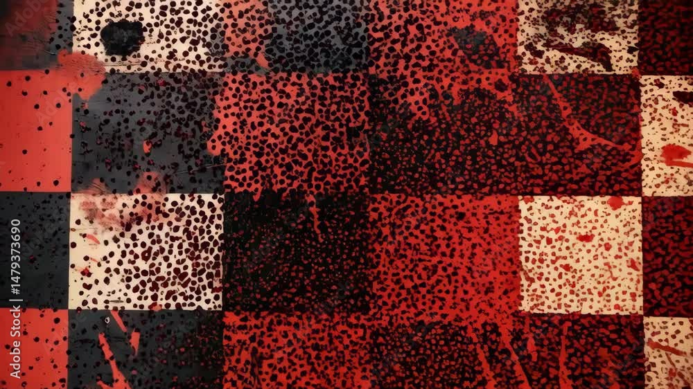 Poster abstract painting with checkered pattern in black, red, and white with splatter effect, conveying a 