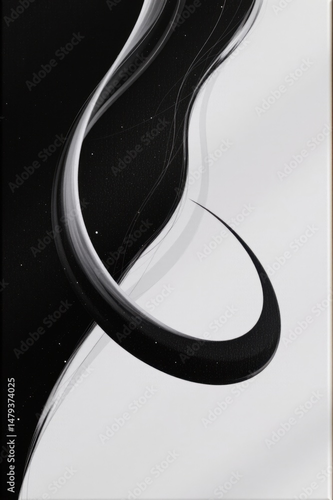 Poster an abstract artwork displays a flowing black and white gradient composition with curved lines and sh