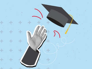 Black and white hand tosses college cap. Degree ceremony concept. Modern collage style. Vector illustration