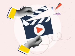 Hand with clapperboard with play button. Modern collage style. Vector illustration