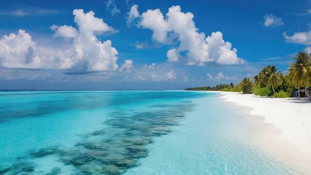 Beautiful tropical beach paradise with crystal clear turquoise water and white sand under a blue sky
