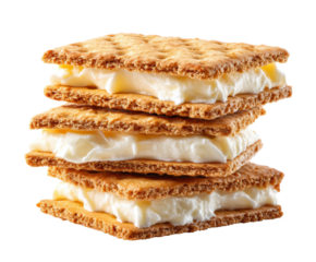 Delicious vanilla cream sandwich cookies stacked high for dessert, cut out - stock png.