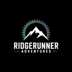 Ridgerunner Adventures Emblem Design Showcasing Mountain Cycling Gear and Outdoor Spirit