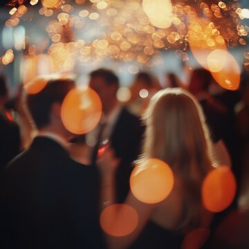 Elegant crowd socializing at evening gala event with warm bokeh lights soft focus abstract style indoor location