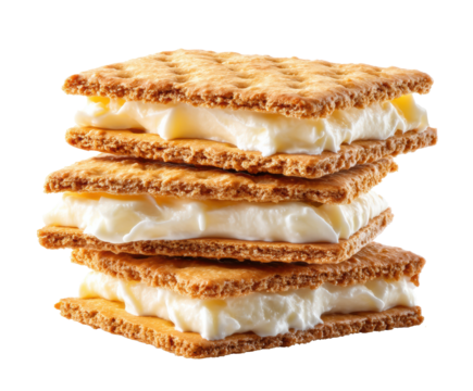 Delicious vanilla cream sandwich cookies stacked high for dessert, cut out - stock png.