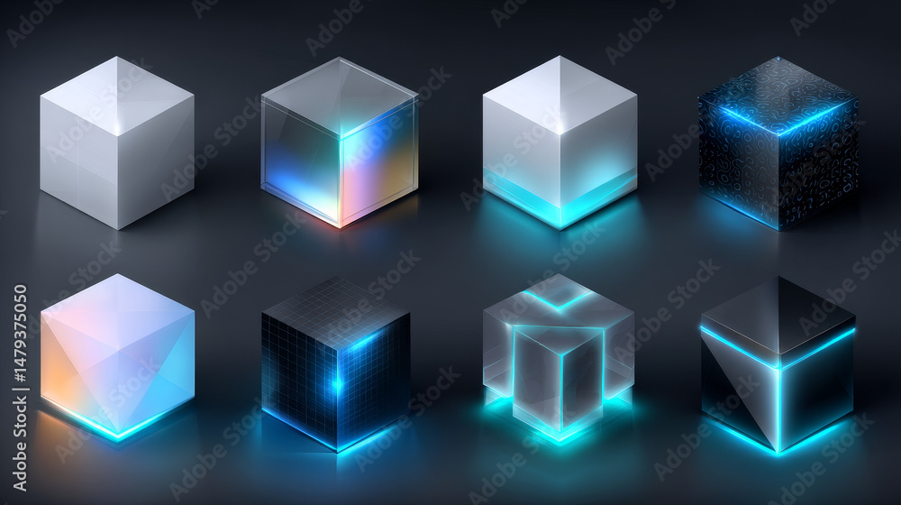 Poster 3d realistic vector icon set. white modeling cube mockups under different lightning.