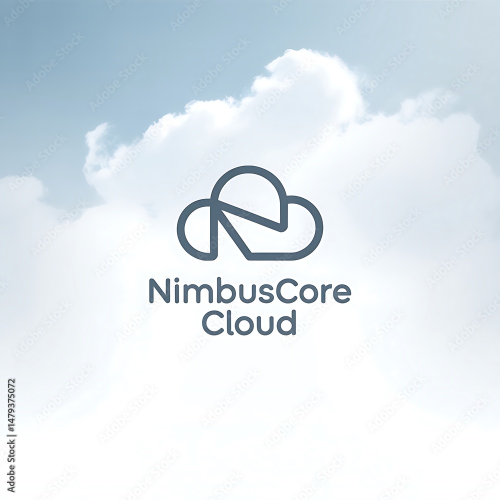 Poster sleek abstract emblem symbolizing cloud computing technology on a bright sky background