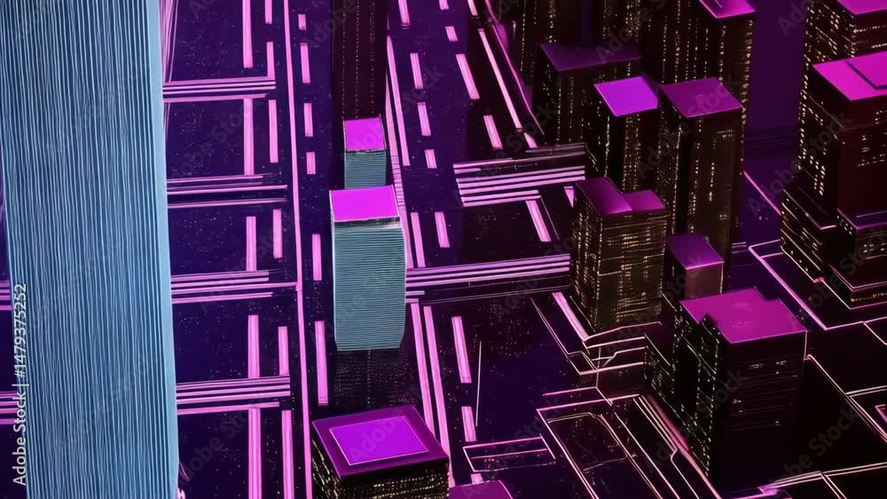 Poster abstract isometric cityscape featuring illuminated structures and geometric patterns, presented in p