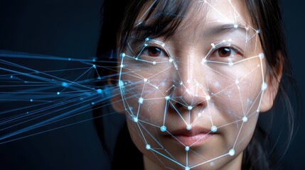 Digital facial recognition overlay on a person's face.