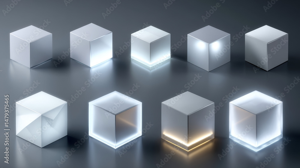 Poster 3d realistic vector icon set. white modeling cube mockups under different lightning.