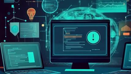 Digital workspace displaying code, exclamation mark alert, and network connections with graphical elements - Powered by Adobe