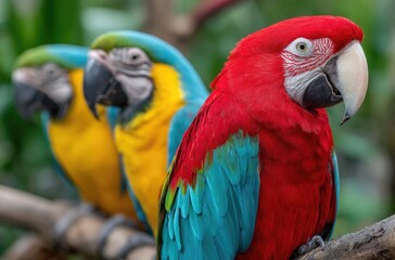 Fototapeta premium Colorful macaw parrots, blue and red, with green feathers, on the right side of the photo, sitting together in a natural environment