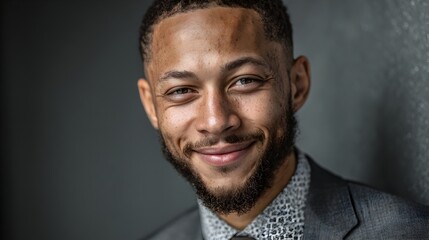 Fototapeta premium A confident young African American man smiles subtly while wea a grey suit and patterned shirt in a professional headshot.