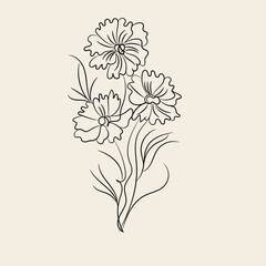 Elegant Black Line Art Drawing of Three Simple Flowers with Stems and Leaves