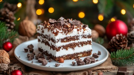 Delicious Hazelnut Cake Slice with Chocolate Cream on White Plate, Festive Holiday Background