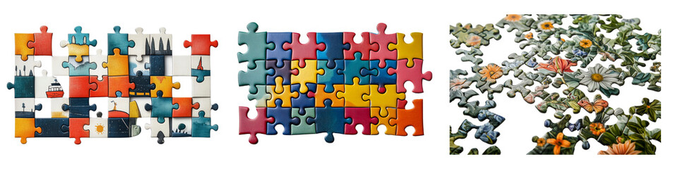Collection of colorful puzzle pieces in three distinct designs, transparent background.
