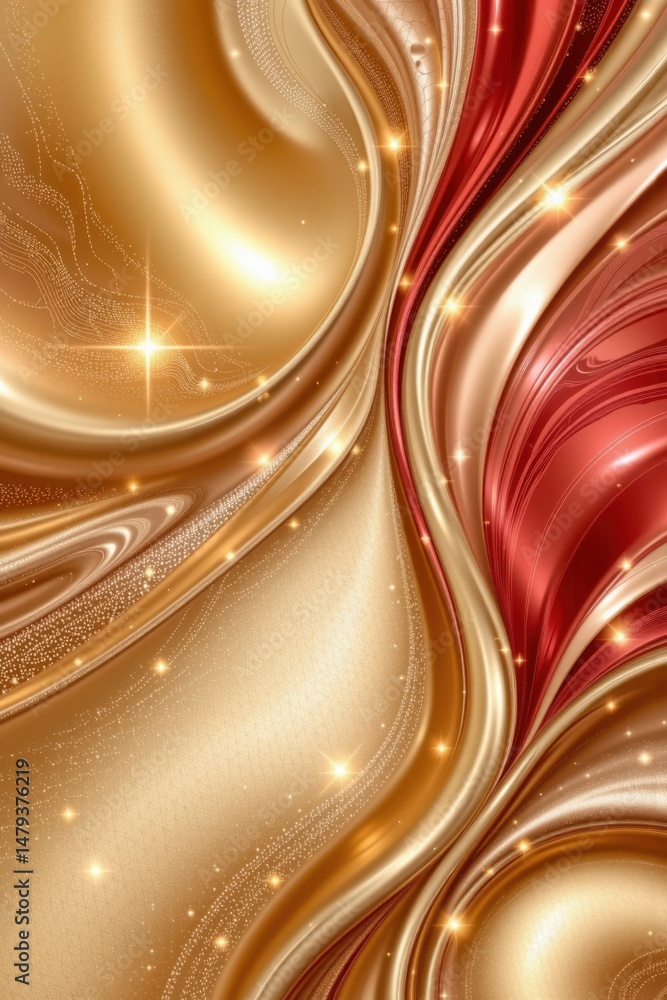 Poster elegant abstract background features flowing golden and red waves, accented by shimme lights creatin