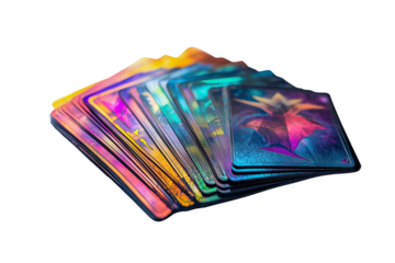 Stack of fantasy trading cards in vivid colors, transparent background.
