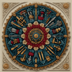 Fototapeta premium Decorative vector mandala made of various occupation tools and symbols, Labor Day celebration, radial symmetry